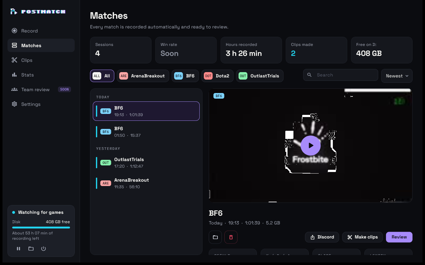 The Postmatch dashboard: your matches on the left, the picked match with Review, Make clips and Discord on the right
